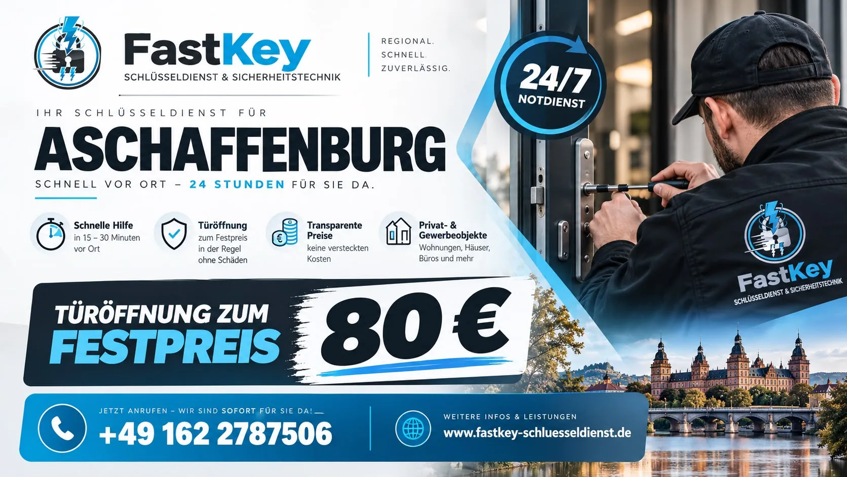 FastKey Schlüsseldienst Aschaffenburg – Türöffnung zum Festpreis 80€, 24/7 Notdienst, regional, schnell, zuverlässig